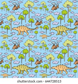 Children's colorful seamless pattern with the image of funny dinosaurs