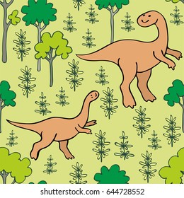 Children's colorful seamless pattern with the image of funny dinosaurs