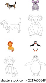 Children's coloring animal dog, lion, koala and penguin