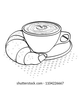 childrens coloring, black lines and white background, breakfast, coffee with cream and croissant. Vector illustration