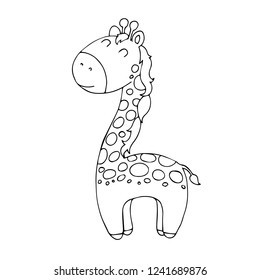 Children's coloring. Black and white drawing of cartoon giraffe for kids. Vector image for the interior. Happy African animal. A fun illustration for a book or packaging. Monochrome contour. EPS 10