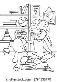 children's coloring book about a girl with a toy bear learns to read
