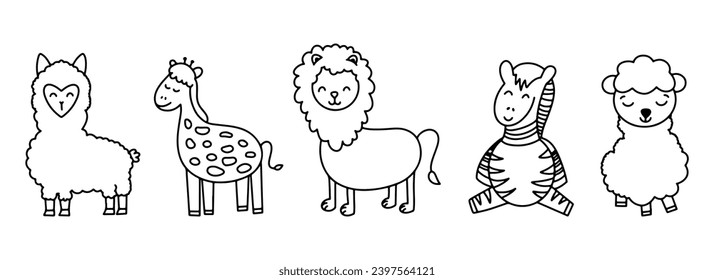 Children's coloring book of animals. Cute safari animal. Cute vector illustration of a safari animal face. Set of animals in cartoon power. The set includes a tiger, lion, giraffe, zebra, alpaca.