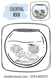 Children's coloring book. Aquarium with fish, algae, shells and marine life