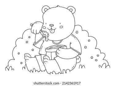 Children's coloring book with a bear eating honey sitting on the grass. Cute coloring page with an animal. Vector linear black and white illustration.