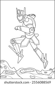 Children's coloring book with a black and white outline robot theme.