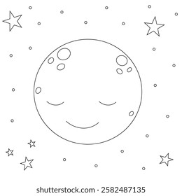 Children's coloring book. Black and white linear drawing. A smiling moon in space. Lots of stars. The night sky. Cute cartoon character isolated on a white background.