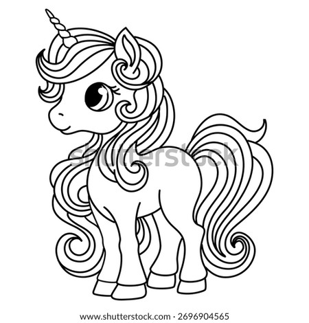 Children's coloring book, black and white. Cute unicorn pony with a beautiful long mane.