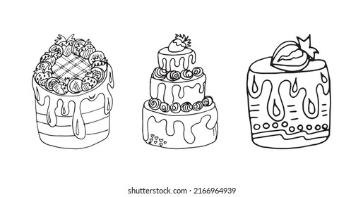 Children's coloring book, cake, sweet, holiday, birthday. Illustration of doodle style. A hand-drawn drawing.