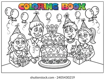 children's coloring book - cake and sweets, balloons, gifts and children.