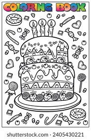 children's coloring book - cake and sweets in the background.