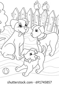 Childrens Coloring Book Cartoon Family On Nature. Mom Dog And Puppies Children. For Adults Vector Illustration. Anti-stress For Adult. Black And White Lines