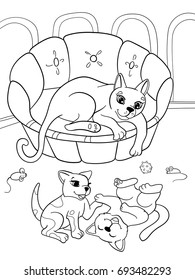 Childrens coloring book cartoon family on nature. Mom cat and kittens children. For adults vector illustration. Anti-stress for adult. Black and white lines