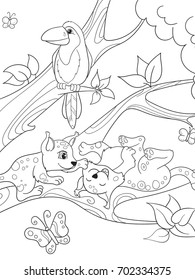 Childrens coloring book cartoon family of leopards on nature. For adults vector illustration. Anti-stress for adult. Black and white lines