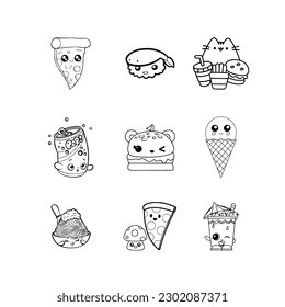 Children's coloring book with cartoon food characters, hamburger, pizza, drinks, ice cream, wok . EPS 10 Vector Sketch