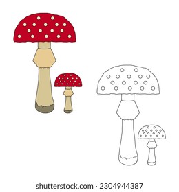 Children's coloring book cartoon mushroom toadstool on a white background. Vector image.