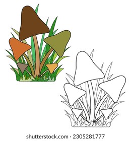 Children's coloring book cartoon toadstool mushrooms with green grass on a white background. Vector image.