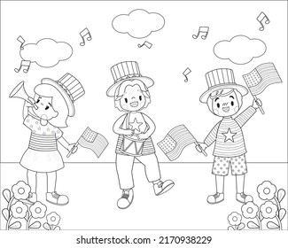 Children's coloring book celebrating Independence Day in the USA.