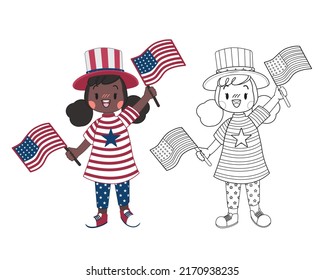 Children's coloring book celebrating Independence Day in the USA.