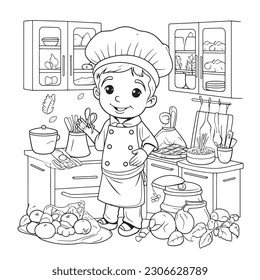  children's coloring book, The chef is wearing a tall, white chef's hat, which ,there is a delightful picture of a happy and smiling chef.