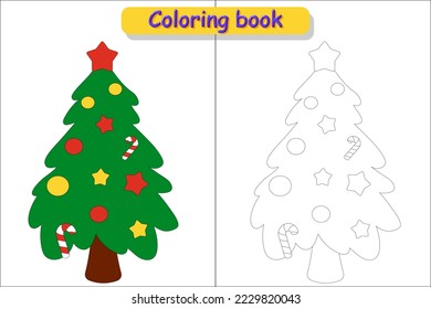 Children's coloring book Christmas tree, picture in color and without color