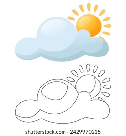 Children's coloring book cloud and sun with a coloring sample. Contour image of a cloud and the sun on a white background in a cartoon style. Coloring scheme for the youngest children