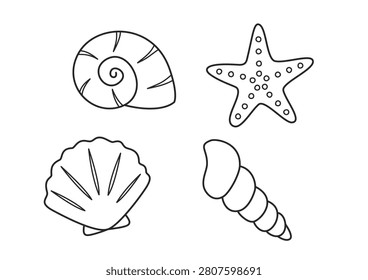 A children's coloring book collection template featuring bold, solid black outline graphics of four ocean elements—a spiral shell, a bumpy starfish, a scallop clam, and a conch shell—arranged cleanly on a white sheet.