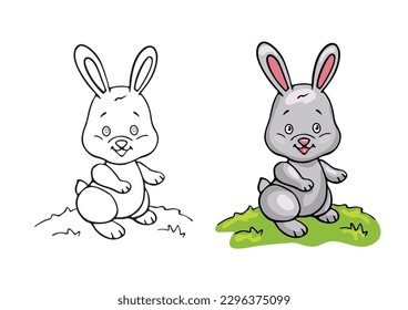 Children's coloring book with a color example of a drawing with a rabbit. Activity art drawing game with a bunny. Educational creative task for kids.