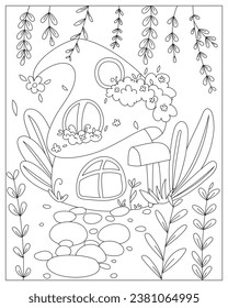 Children's coloring book for creativity. A large fairytale mushroom house with windows filled with flowers. Autumn nature, tall grass. Path made of stones leading to the house.