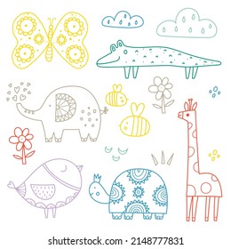 Children's coloring book with cute animals. Funny linear illustration.