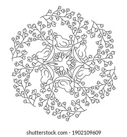 Children's coloring book. Cute bird in the nest, flowers and leaves. Spring or summer vector illustration. Greeting card template for Easter, Birthday, Mother's Day.