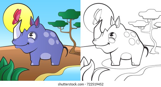 Children's Coloring Book. Cute Cartoon Rhino and African Savanna EPS10