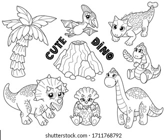 Children's coloring book cute funny dinosaurs of different types.Vector linear illustration isolated on a white background, for children's creativity, coloring by young children.