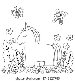 Children's coloring book with cute unicorn, flowers, butterflies. Simple shapes, contour for small children. Vector illustration of a square page.