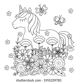 Children's coloring book with cute unicorn, flowers, butterflies. Simple shapes, contour for small children. Vector illustration of a square page.