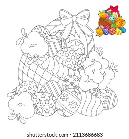 children's coloring book. developing game. basket with colored eggs and flowers.