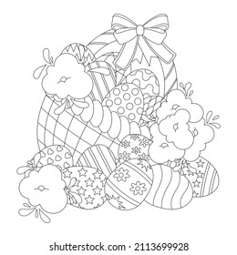 children's coloring book. developing game. basket with colored eggs and flowers.