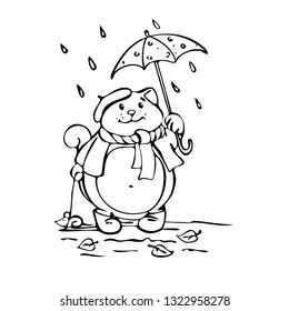 Children's coloring book for development and creativity. A cute cat is walking with an umbrella and a mouse. Vector illustration.