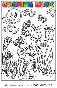 children's coloring book for Easter, flowers, butterflies, spring, sun.
