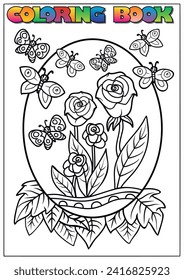 children's coloring book for Easter, a large egg with roses and butterflies