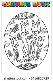 children's coloring book for Easter, a large egg with flowers and butterflies