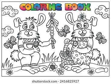 children's coloring book for Easter, two bunnies with baskets in their hands and scourge