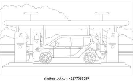 Children's coloring book - energy-saving car at the gas station. Teaches your children to care about the environment and help make this world a cleaner place