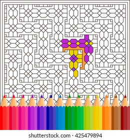 Children's coloring book features geometric pattern, and colored pencils. Black outline on a white background. Vector image.