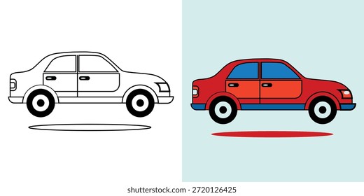 Un libro de colorear para niños con un coche rojo. Un libro para colorear con un lindo coche de dibujos animados. Ilustración vectorial con un fondo coloreado.