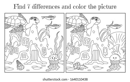 Children's coloring book. Find seven differences. Underwater landscape with sand house, turtle, fish and jellyfish. Vector