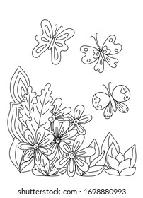 Children's coloring book with flowers and butterflies of simple shape. Cute primitive drawing for small kids. Vector illustration.