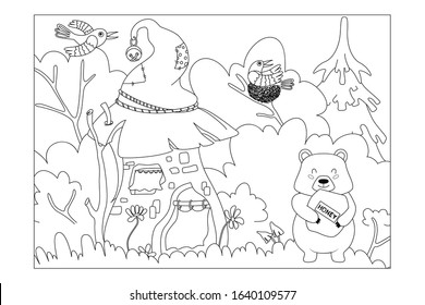 Children's coloring book. Forest landscape with a fairy-tale house and a bear carrying honey. Vector