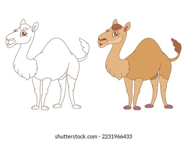 Libro de colorear para niños con un divertido personaje de camello, versión en blanco y negro y en color