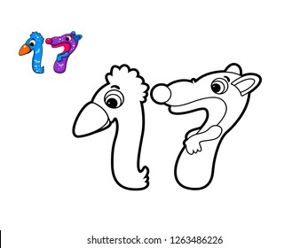 Children's coloring book, coloring funny numbers, number seventeen